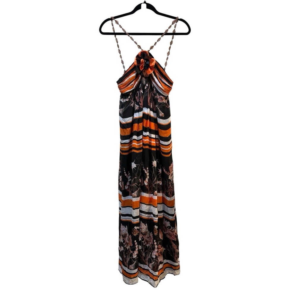 bdba Silk Maxi Dress Size Small Resort Ocean Beaded Straps Stripped 3D Halter
